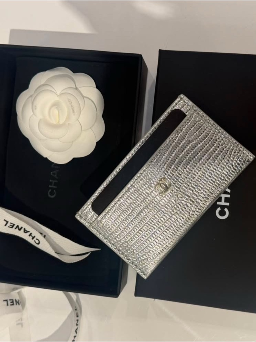 CHANEL Silver Crystal Card Slot Mini Wallet